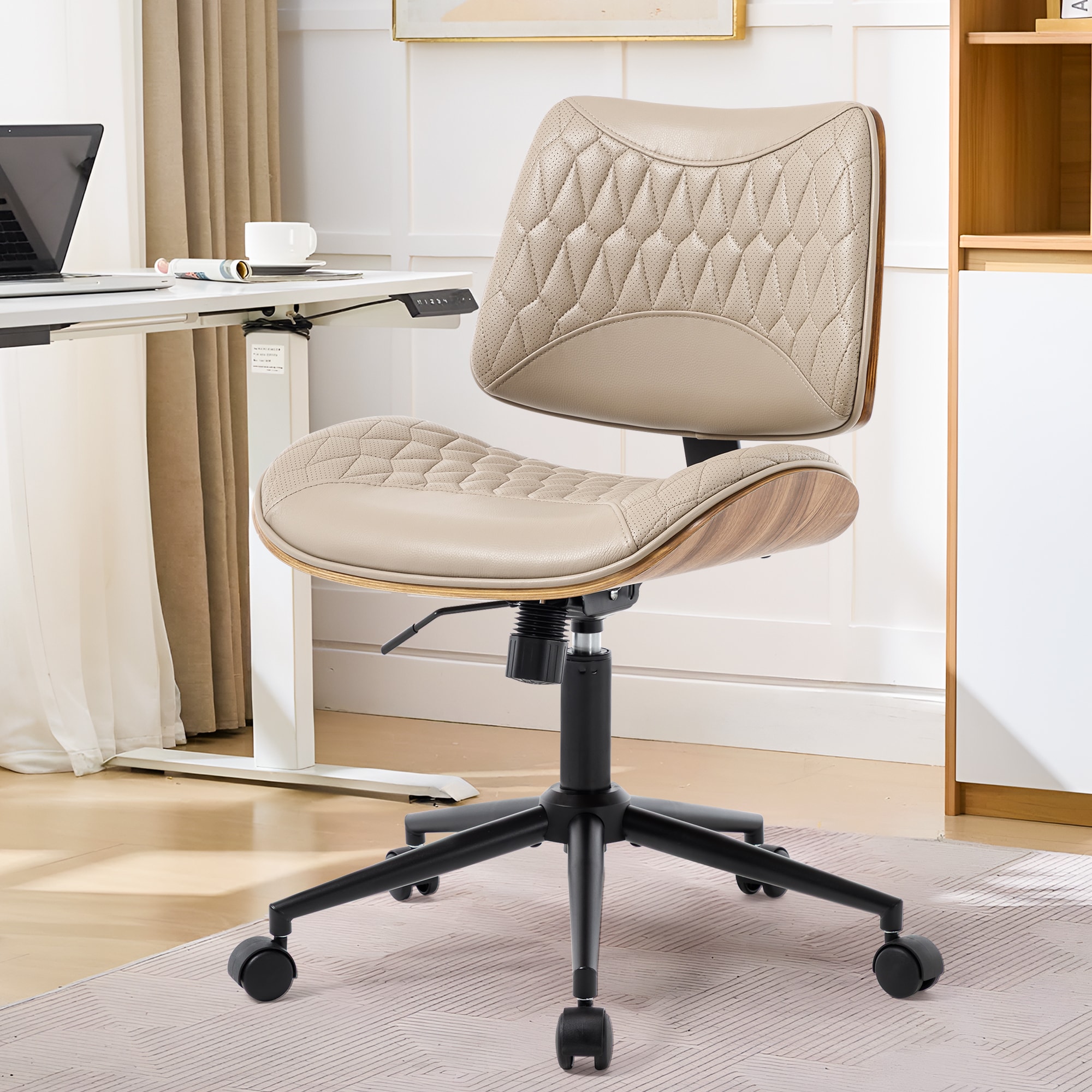 Armless Office Chair With Wheels, Adjustable Height Mid Back Small Desk Chair, Modern Walnut Bentwood Back, PU Leather Swivel Rolling Computer Task Chair For Home Office, Meeting Room, Study, Set Of 1_voghion.com